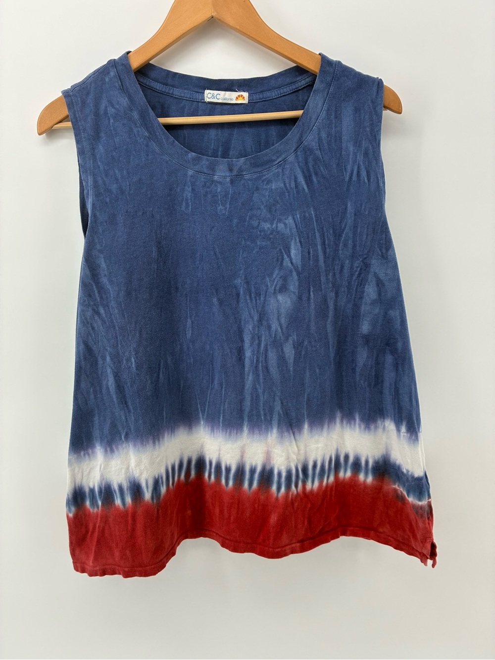 C&C California Blue Tie-Dye Tank with Red and White Hem